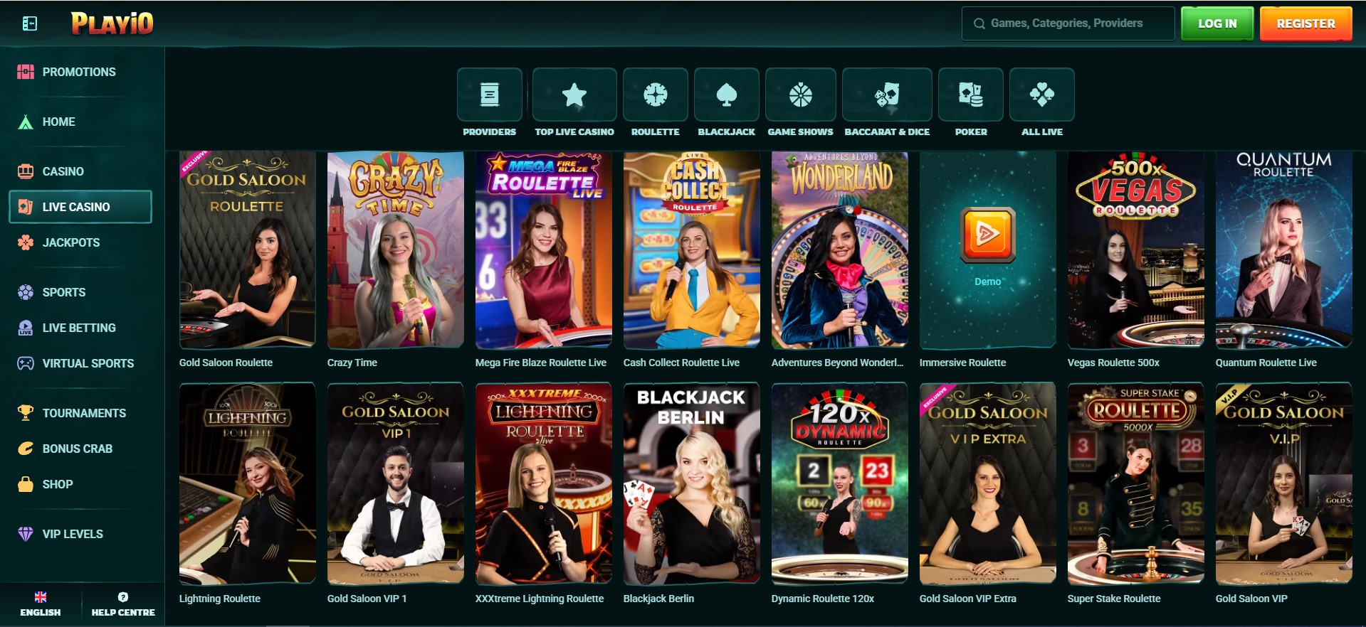 Casino-Website mit einer Vielzahl an Live-Casino-Spielen, darunter Gold Saloon Roulette, Crazy Time und Mega Fire Blaze Roulette Live. Die übersichtliche Navigation bietet Kategorien wie Casino, Live Casino, Jackpots und Sportwetten. Perfekt für Spieler, die ein Casino ohne oasis suchen.