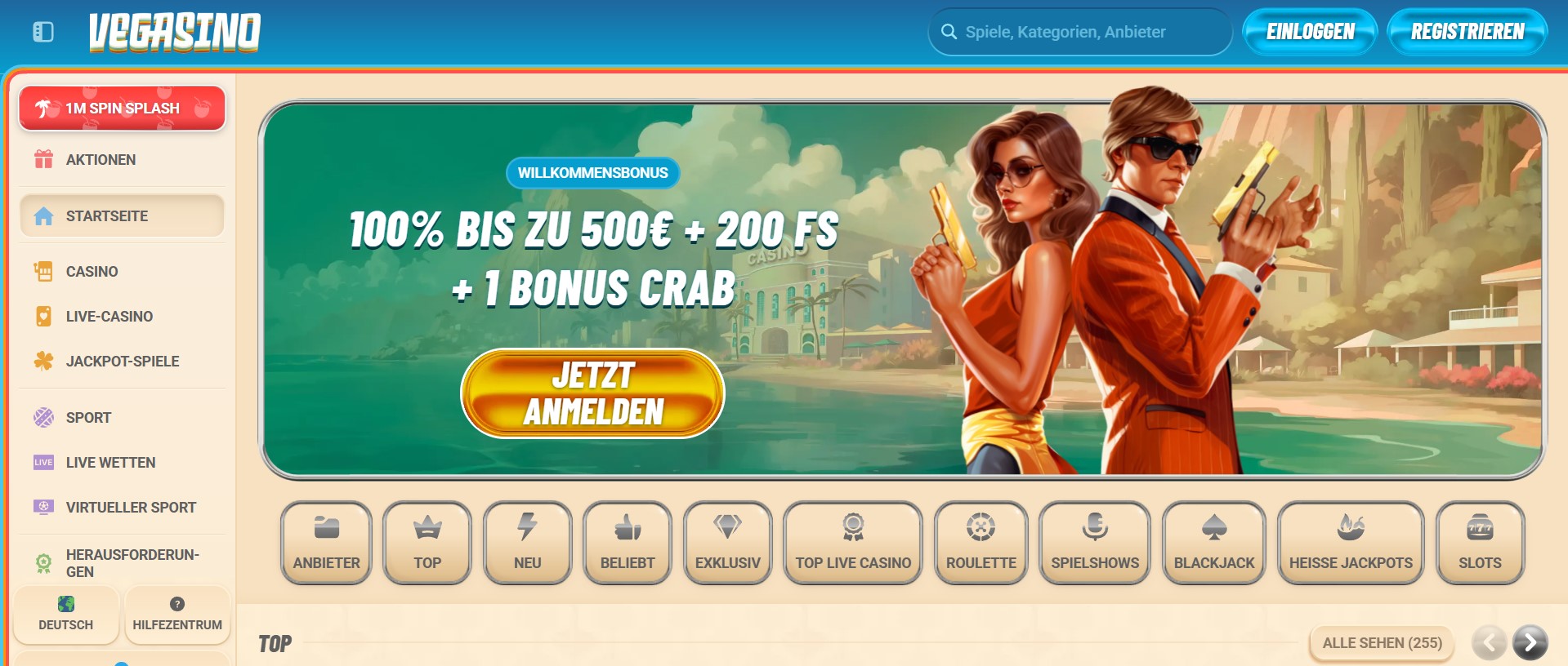 Startseite eines modernen Online-Casinos mit Willkommensbonus, Menüoptionen, Anmeldebutton und vielseitigem Spieleangebot für virtuelle Unterhaltung.